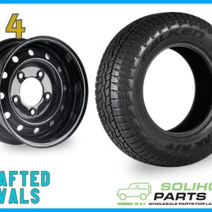 Falken Wildpeak AT 235/85r16 on 16″ Black Wolf Style Steel Rims (ET0) to fit Defender x 4