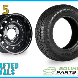 Falken Wildpeak AT 235/85r16 on 16″ Black Wolf Style Steel Rims (ET0) to fit Defender x 5