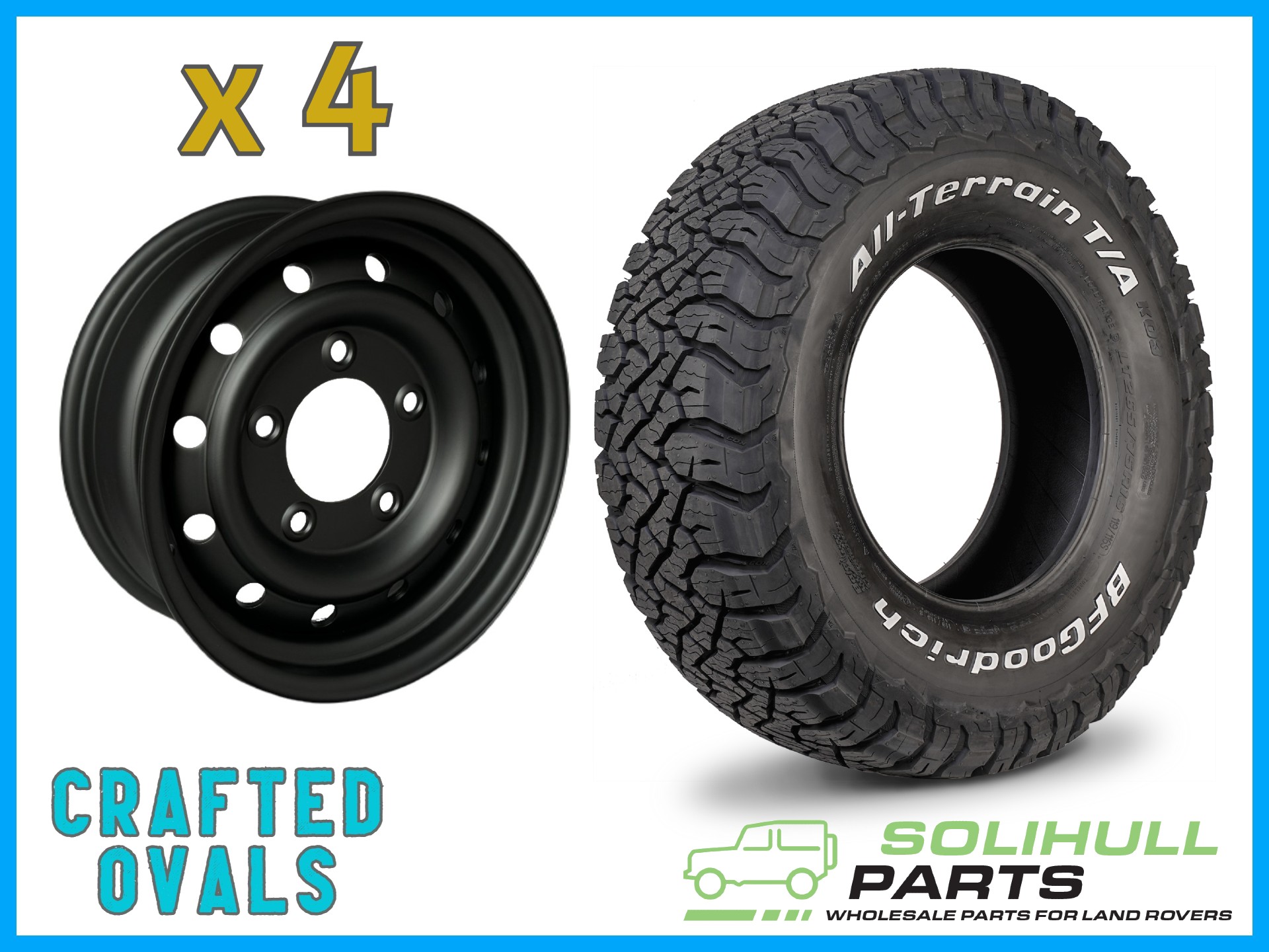 BFGoodrich All Terrain KO3 235/85r16 & SATIN Wolf Style Steel Rims (ET20) to fit Defender x 4