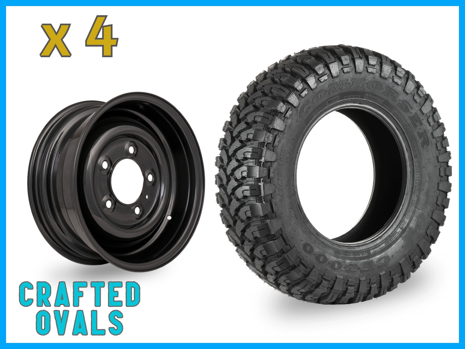 Comforser MUD 235/85r16 + 16″ Gloss Black Classic Steel Rims (ET20) to fit Defender x 4