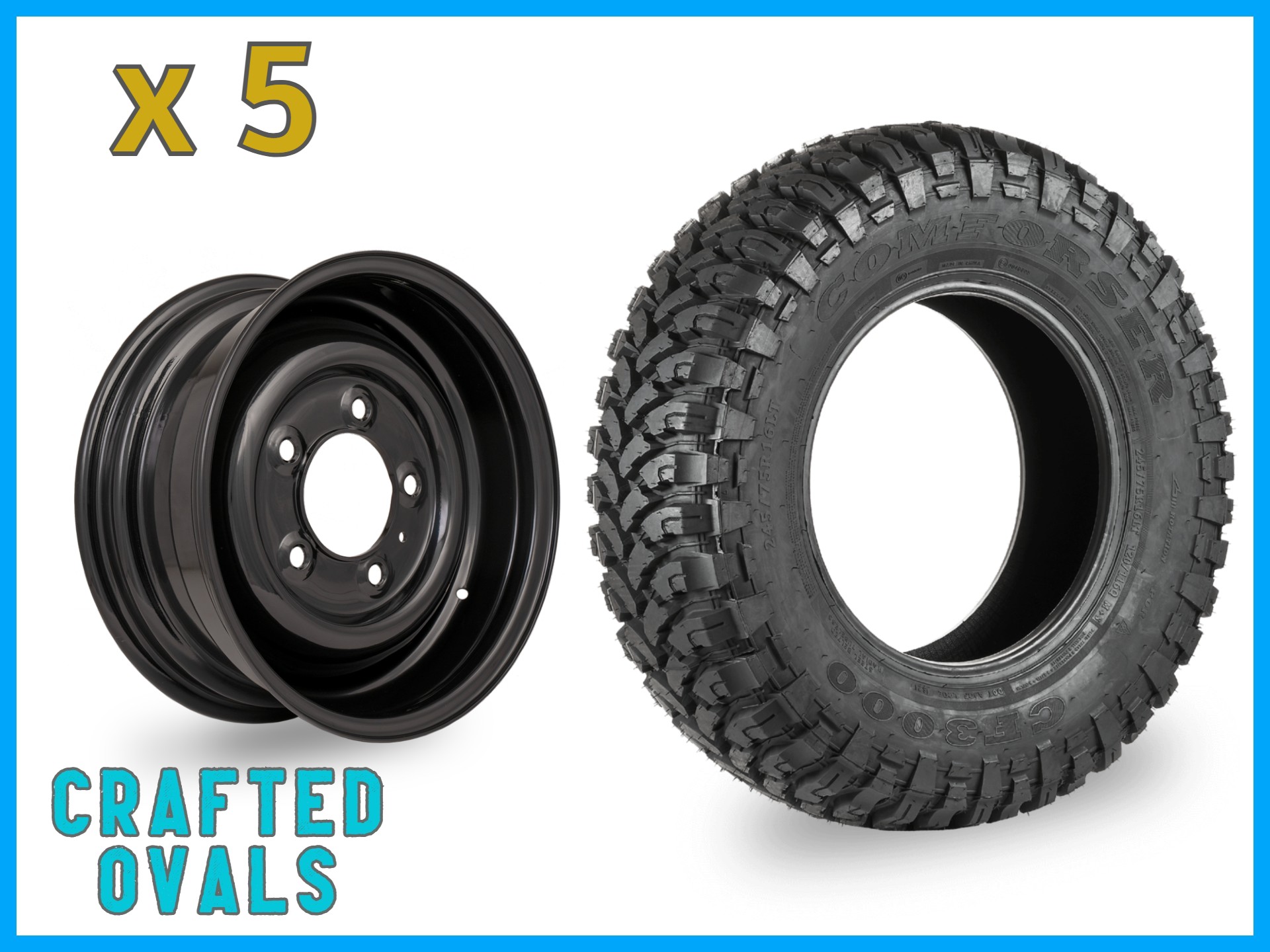 Comforser MUD 235/85r16 + 16″ Gloss Black Classic Steel Rims (ET20) to fit Defender x 5