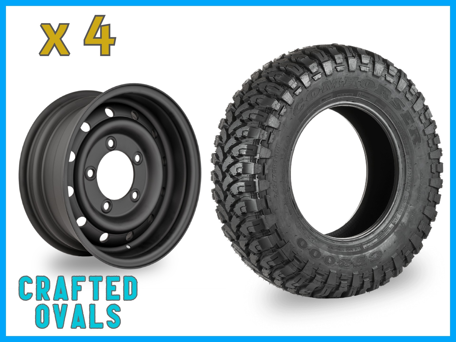 Comforser MUD 235/85r16 + 16″ Satin Black Wolf Style Steel Rims (ET0) to fit Defender x 4