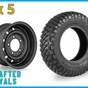 Comforser MUD 235/85r16 + 16″ Satin Black Wolf Style Steel Rims (ET0) to fit Defender x 5
