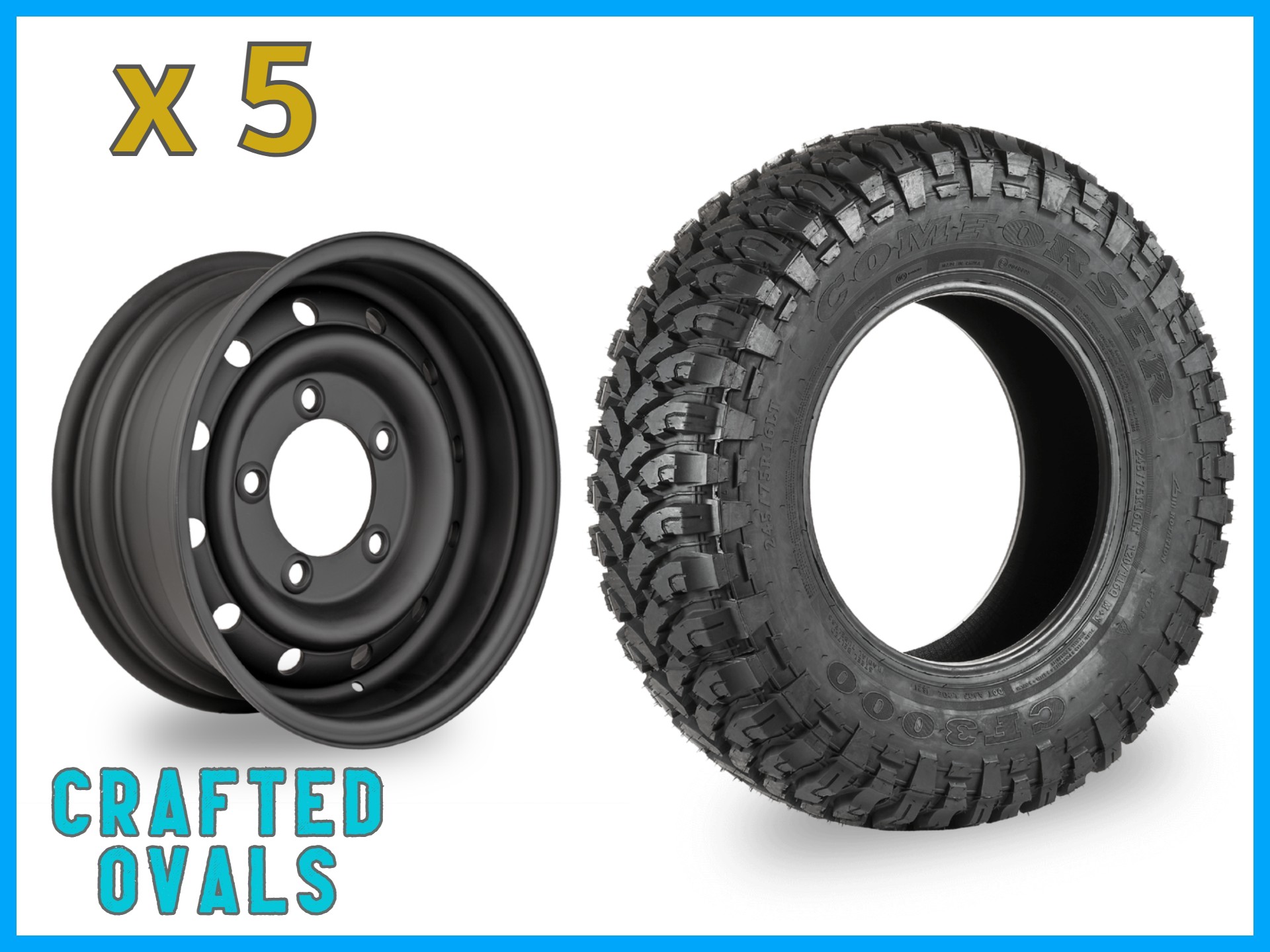 Comforser MUD 235/85r16 + 16″ Satin Black Wolf Style Steel Rims (ET0) to fit Defender x 5