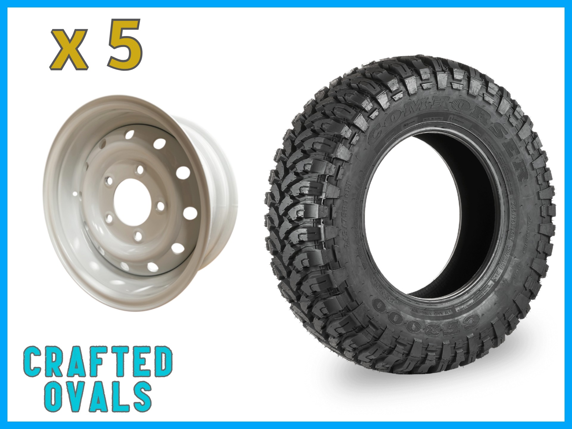 Comforser MUD 235/85r16 + 16″ WHITE Wolf Style Steel Rims (ET0) to fit Defender x 5