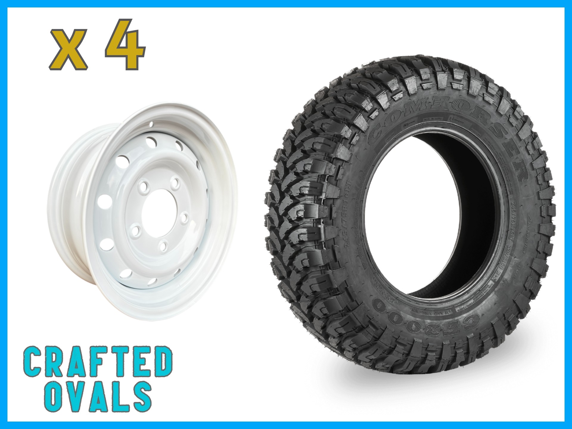 Comforser MUD 235/85r16 + 16″ WHITE Wolf Style Steel Rims (ET20) to fit Defender x 4