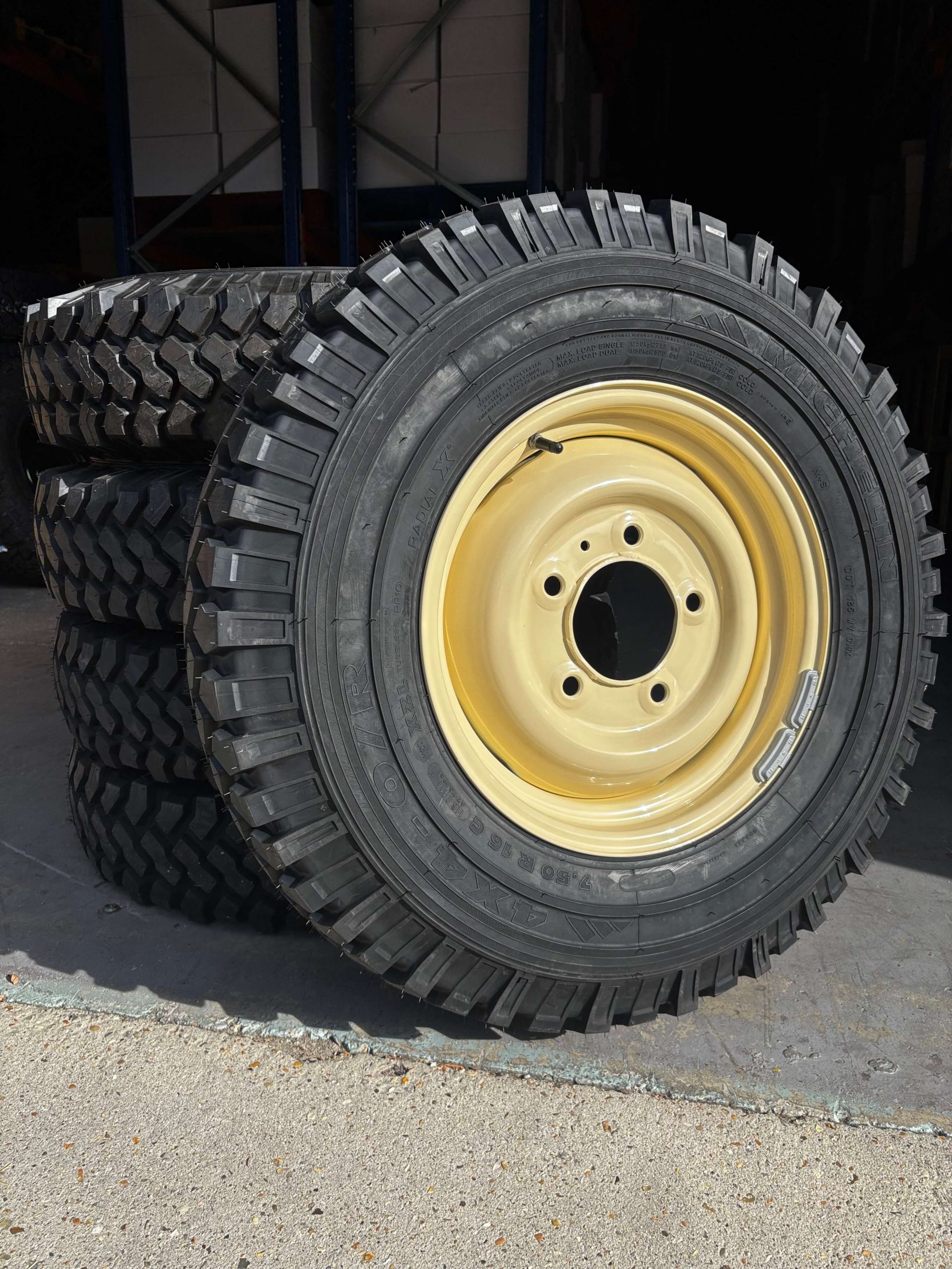 MICHELIN XZL 7.50R16 + 16 X 5.5 CLASSIC LIMESTONE RIMS X 5