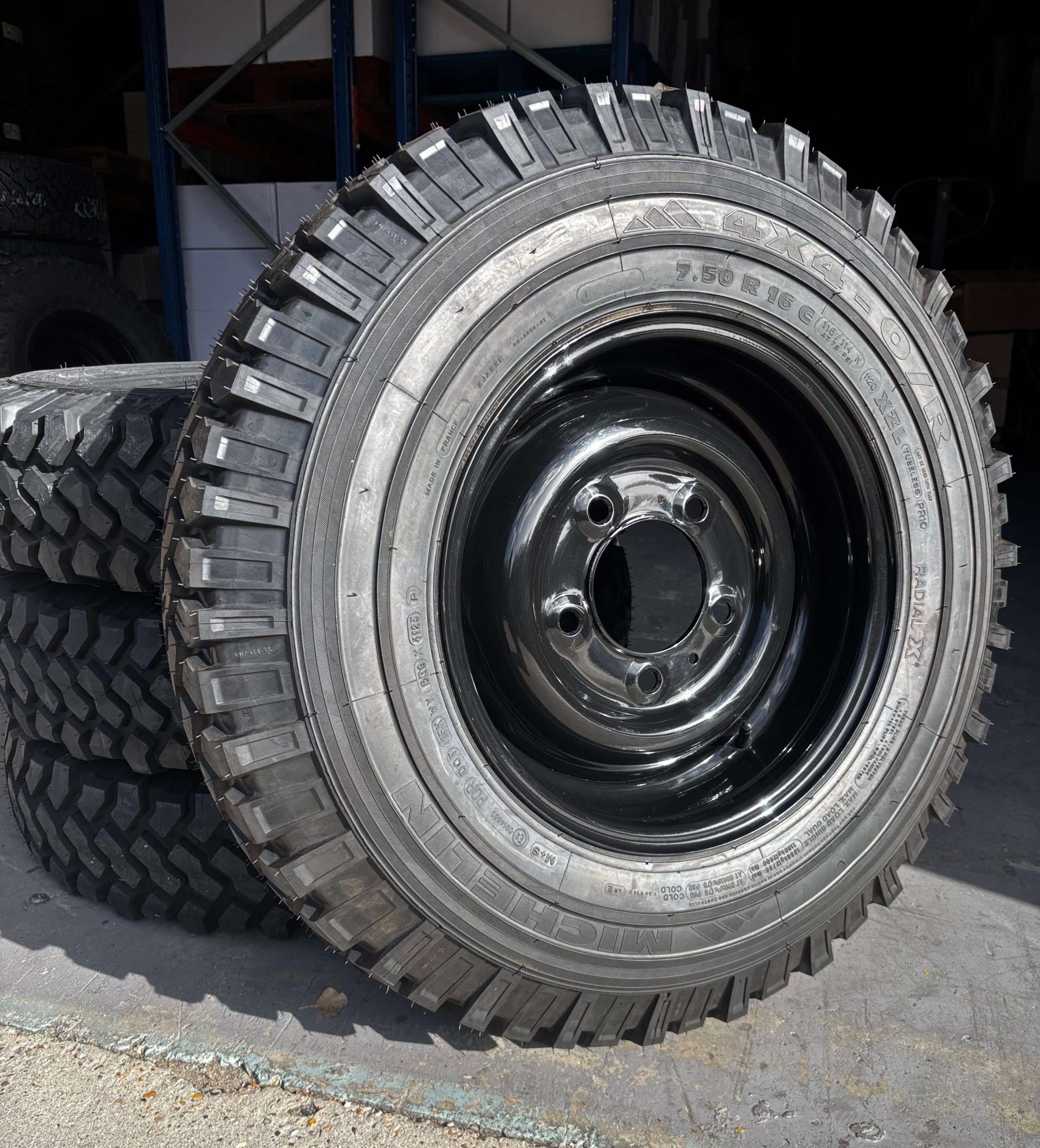 MICHELIN XZL 7.50R16 + 16 X 6.5 CLASSIC GLOSS BLACK RIMS X 4