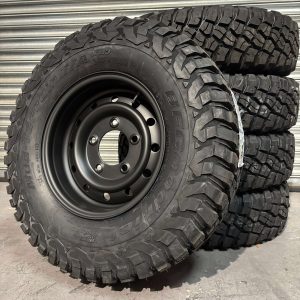 BFGoodrich Mud Terrain KM3 235/85r16 & SATIN BLACK Wolf Style Steel Rims (ET0) to fit Defender x 5