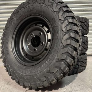 BFGoodrich Mud Terrain KM3 235/85r16 & SATIN BLACK Wolf Style Steel Rims (ET0) to fit Defender x 4
