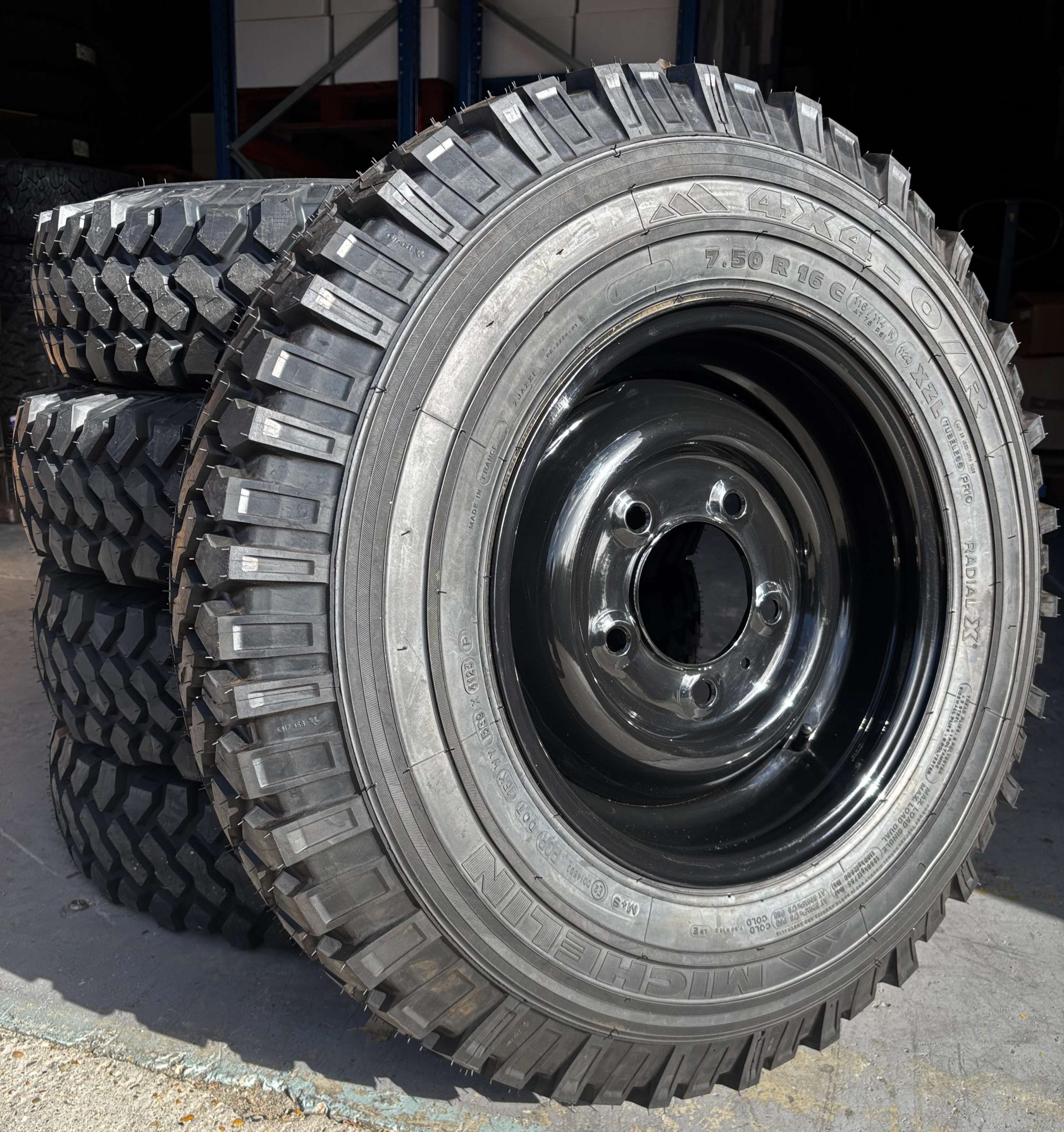 MICHELIN XZL 7.50R16 + 16 X 6.5 CLASSIC GLOSS BLACK RIMS X 5